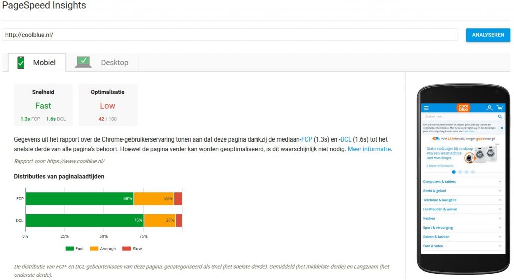 Voorbeeld PageSpeed test op Coolblue